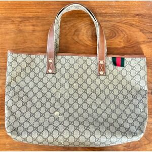 Gucci GG Supreme Tote Bag Monogram Canvas Brown Leather Web Detail 211134